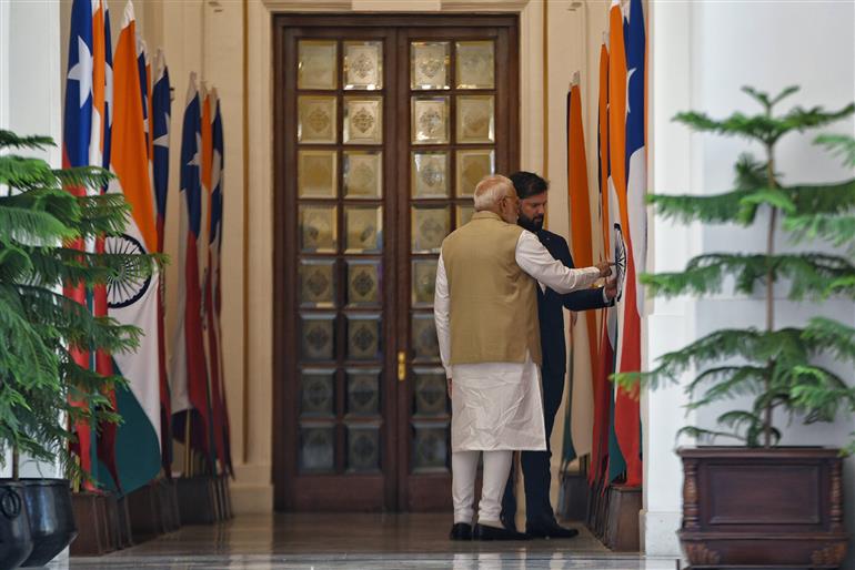 PM meets the President of the Republic of Chile, Mr. Gabriel Boric Font at Hyderabad House, in New Delhi on April 01, 2025.