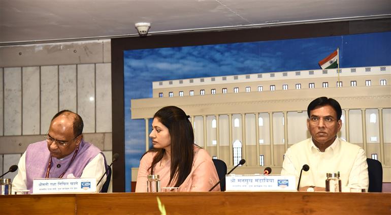 The Union Minister of Youth Affairs & Sports, Dr. Mansukh Mandaviya and the Minister of State for Youth Affairs & Sports, Smt. Raksha Nikhil Khadse attend the Inaugural Ceremony of Viksit Bharat Youth Parliament at Parliament House, in New Delhi on April 02, 2025.