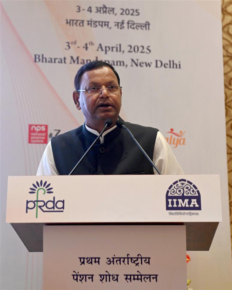 The Minister of State for Finance, Shri Pankaj Chaudhary addressing at the 1st International Research Conference on Pensions (IRCP) 2025 organized by the Pension Fund Regulatory and Development Authority (PFRDA) in collaboration with IIM Ahmedabad at Bharat Mandapam, in New Delhi on April 03, 2025.