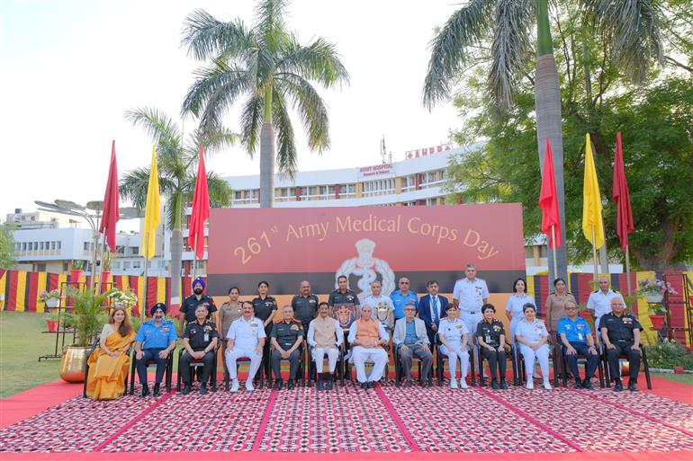 The Union Minister for Defence, Shri Rajnath Singh in a group photograph at the 261st Raising Day celebrations of Army Medical Corps at Army Hospital (Research & Referral), in Delhi Cantt. on April 03, 2025.