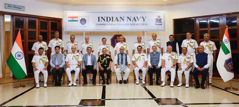 The Union Minister for Defence, Shri Rajnath Singh in a group photograph during the Phase-1 of the first Naval Commanders’ Conference of 2025, in Karwar, Karnataka on April 05, 2025.