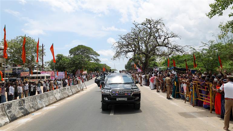 PM receives warm welcome by people on his arrival at Rameswaram, in Tamil Nadu on April 06, 2025.