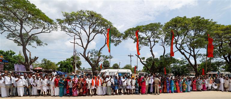 PM receives warm welcome by people on his arrival at Rameswaram, in Tamil Nadu on April 06, 2025.