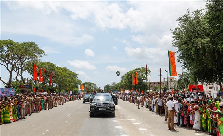 PM receives warm welcome by people on his arrival at Rameswaram, in Tamil Nadu on April 06, 2025.