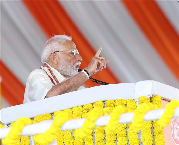 PM addressing at the inauguration and foundation stone laying of various projects at Rameswaram, in Tamil Nadu on April 06, 2025.