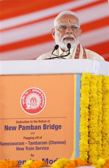 PM addressing at the inauguration and foundation stone laying of various projects at Rameswaram, in Tamil Nadu on April 06, 2025.