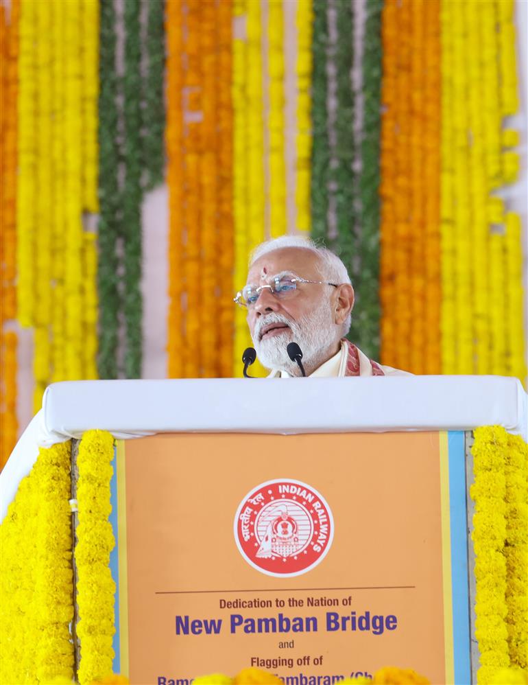 PM addressing at the inauguration and foundation stone laying of various projects at Rameswaram, in Tamil Nadu on April 06, 2025.