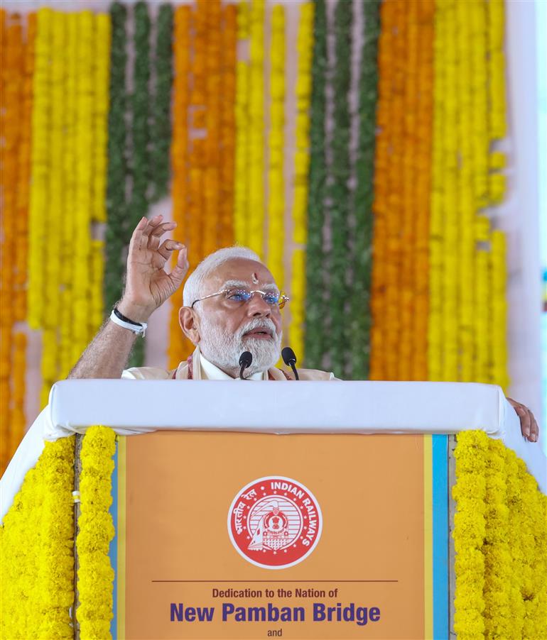 PM addressing at the inauguration and foundation stone laying of various projects at Rameswaram, in Tamil Nadu on April 06, 2025.