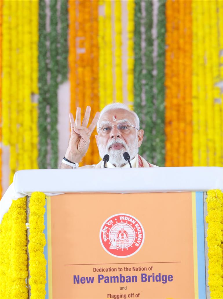 PM addressing at the inauguration and foundation stone laying of various projects at Rameswaram, in Tamil Nadu on April 06, 2025.