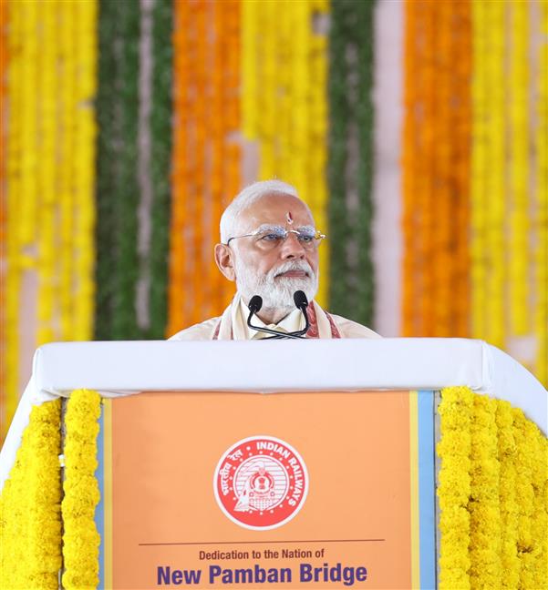 PM addressing at the inauguration and foundation stone laying of various projects at Rameswaram, in Tamil Nadu on April 06, 2025.