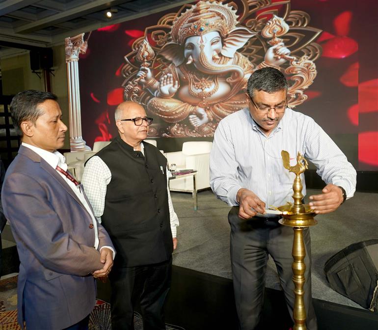 The Secretary, Ministry of Electronics & IT, Shri S Krishnan lighting the lamp at the launch of the First Digital Threat Report in Cybersecurity, in New Delhi on April 07, 2025.