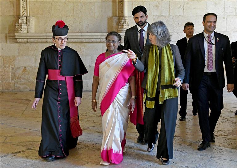 The President of India, Smt Droupadi Murmu at church of cloister of Mosteiro dos Jeronimos in Lisbon, Portugal on April 07, 2025.