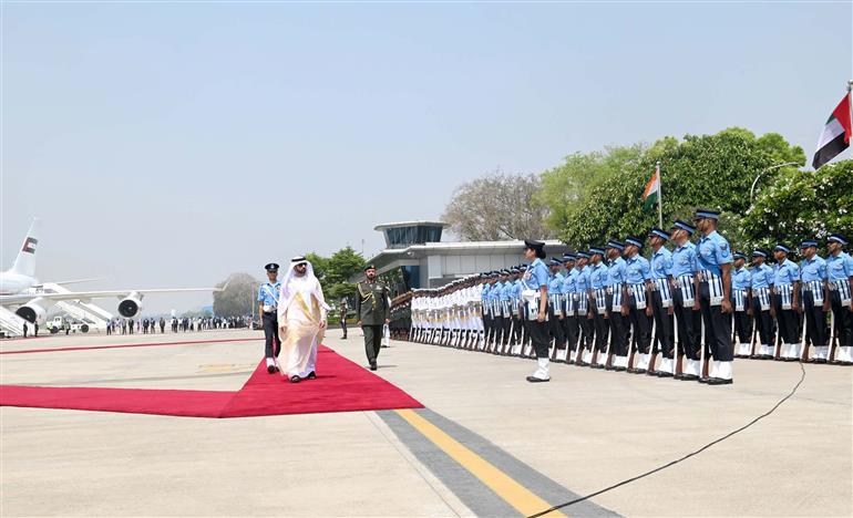 The Crown Prince of Dubai, Deputy Prime Minister and Minister of Defence H.H. Sheikh Hamdan Bin Mohammed Bin Rashid Al Maktoum of the UAE Arrive Delhi Airport, in New Delhi on April 08, 2025.