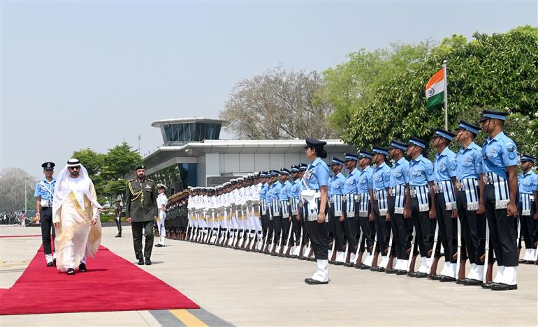 The Crown Prince of Dubai, Deputy Prime Minister and Minister of Defence H.H. Sheikh Hamdan Bin Mohammed Bin Rashid Al Maktoum of the UAE Arrive Delhi Airport, in New Delhi on April 08, 2025.