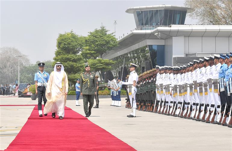 The Crown Prince of Dubai, Deputy Prime Minister and Minister of Defence H.H. Sheikh Hamdan Bin Mohammed Bin Rashid Al Maktoum of the UAE Arrive Delhi Airport, in New Delhi on April 08, 2025.