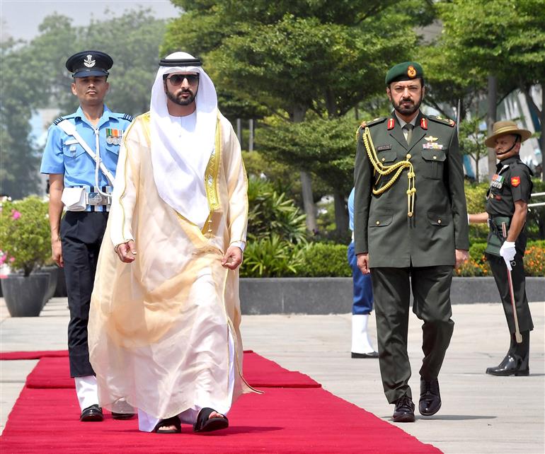 The Crown Prince of Dubai, Deputy Prime Minister and Minister of Defence H.H. Sheikh Hamdan Bin Mohammed Bin Rashid Al Maktoum of the UAE Arrive Delhi Airport, in New Delhi on April 08, 2025.
