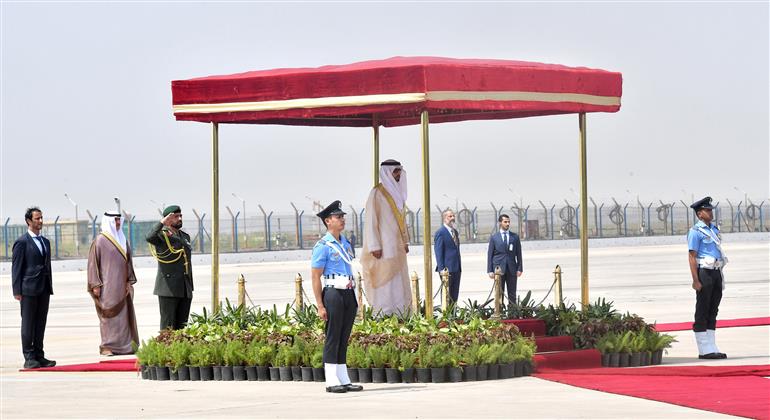 The Crown Prince of Dubai, Deputy Prime Minister and Minister of Defence H.H. Sheikh Hamdan Bin Mohammed Bin Rashid Al Maktoum of the UAE Arrive Delhi Airport, in New Delhi on April 08, 2025.