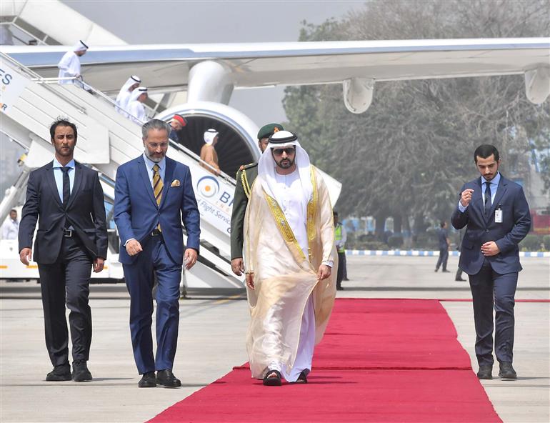 The Crown Prince of Dubai, Deputy Prime Minister and Minister of Defence H.H. Sheikh Hamdan Bin Mohammed Bin Rashid Al Maktoum of the UAE Arrive Delhi Airport, in New Delhi on April 08, 2025.