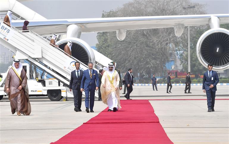 The Crown Prince of Dubai, Deputy Prime Minister and Minister of Defence H.H. Sheikh Hamdan Bin Mohammed Bin Rashid Al Maktoum of the UAE Arrive Delhi Airport, in New Delhi on April 08, 2025.