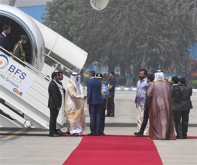 The Crown Prince of Dubai, Deputy Prime Minister and Minister of Defence H.H. Sheikh Hamdan Bin Mohammed Bin Rashid Al Maktoum of the UAE Arrive Delhi Airport, in New Delhi on April 08, 2025.