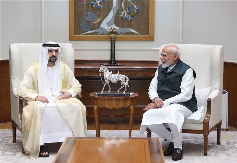 PM meets Crown Prince of Dubai, Sheikh Hamdan bin Mohammed bin Rashid Al Maktoum, in New Delhi on April 08, 2025.