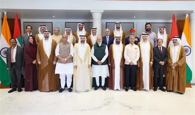 PM in a group photograph with Crown Prince of Dubai, Sheikh Hamdan bin Mohammed bin Rashid Al Maktoum and other dignitaries, in New Delhi on April 08, 2025.