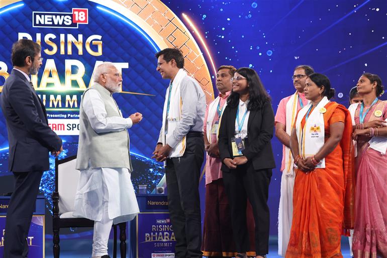 PM attends News18 Rising Bharat Summit, in New Delhi on April 08, 2025.