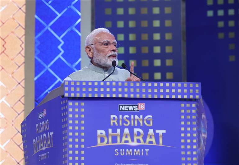 PM addressing at News18 Rising Bharat Summit, in New Delhi on April 08, 2025.