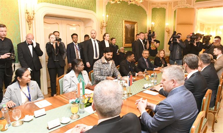 The President of India, Smt. Droupadi Murmu meeting with the Prime Minister of the Slovak Republic, Mr. Robert Fico, in Slovakia on April 09, 2025.