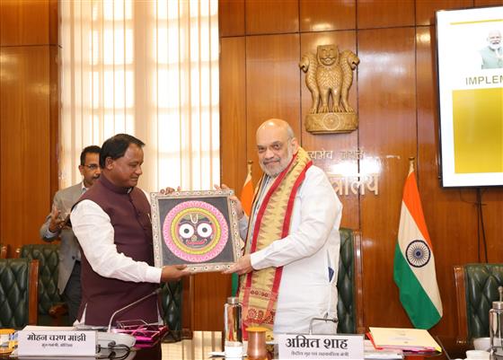 The Union Minister for Home Affairs and Cooperation, Shri Amit Shah chairs a review meeting with the Chief Minister of Odisha, Shri Mohan Charan Majhi on the implementation of three New Criminal Laws in the State, in New Delhi on April 09, 2025.