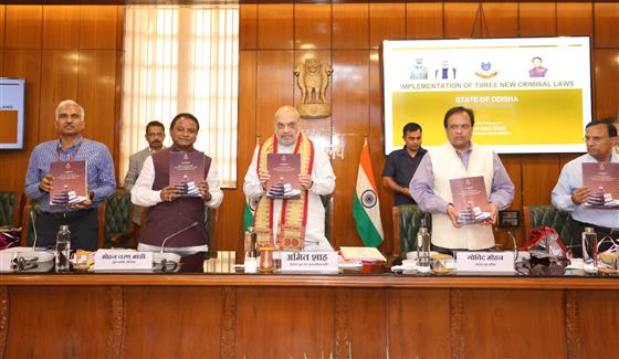 The Union Minister for Home Affairs and Cooperation, Shri Amit Shah chairs a review meeting with the Chief Minister of Odisha, Shri Mohan Charan Majhi on the implementation of three New Criminal Laws in the State, in New Delhi on April 09, 2025.