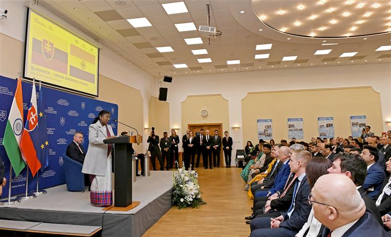 The President of India, Smt. Droupadi Murmu addressing at the Slovakia-India Business Forum at Bratislava, in Slovakia on April 10, 2025.