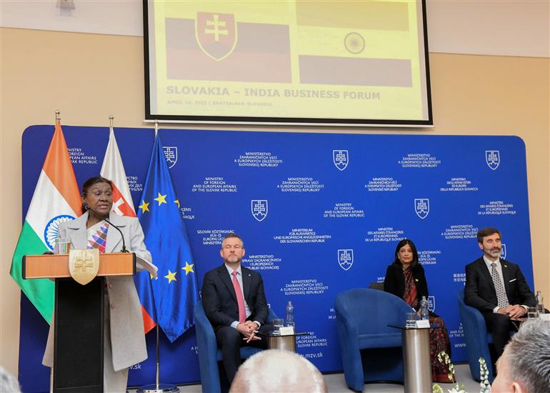 The President of India, Smt. Droupadi Murmu addressing at the Slovakia-India Business Forum at Bratislava, in Slovakia on April 10, 2025.