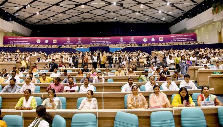 The Union Minister of Health and Family Welfare & Chemicals and Fertilizers, Shri Jagat Prakash Nadda addressing at Ayushman Cards Distribution & MoU signing ceremony between Ministry of Health and Family Welfare and Government of Delhi for Pradhan Mantri Ayushman Bharat Health Infrastructure Mission (PM ABHIM), in New Delhi on April 10, 2025.