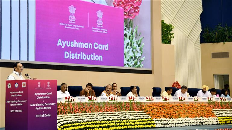 The Union Minister of Health and Family Welfare & Chemicals and Fertilizers, Shri Jagat Prakash Nadda addressing at Ayushman Cards Distribution & MoU signing ceremony between Ministry of Health and Family Welfare and Government of Delhi for Pradhan Mantri Ayushman Bharat Health Infrastructure Mission (PM ABHIM), in New Delhi on April 10, 2025.