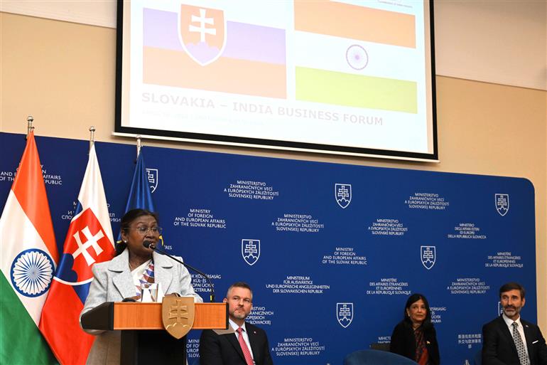 The President of India, Smt. Droupadi Murmu addressing at the Slovakia-India Business Forum at Bratislava, in Slovakia on April 10, 2025.