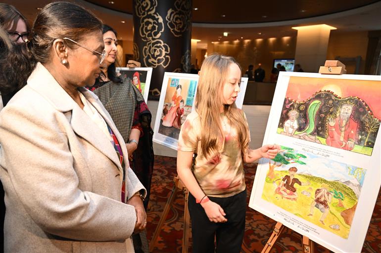 The President of India, Smt. Droupadi Murmu visited an exhibition of paintings by Slovak children at Bratislava, in Slovakia on April 10, 2025.