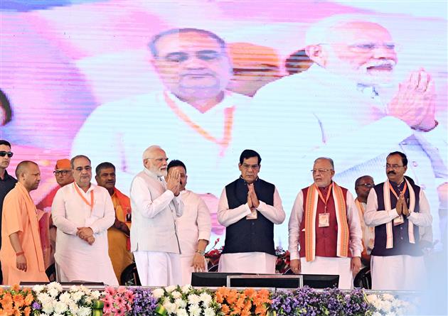 PM at foundation stone laying and inauguration of various projects at Varanasi, in Uttar Pradesh on April 11, 2025.

