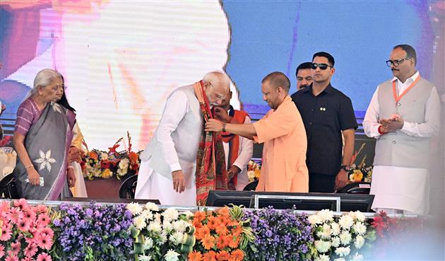 PM at foundation stone laying and inauguration of various projects at Varanasi, in Uttar Pradesh on April 11, 2025.

