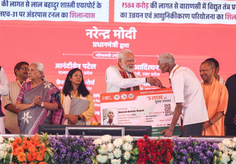 PM at foundation stone laying and inauguration of various projects at Varanasi, in Uttar Pradesh on April 11, 2025.

