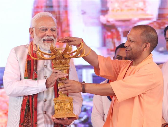 PM at foundation stone laying and inauguration of various projects at Varanasi, in Uttar Pradesh on April 11, 2025.

