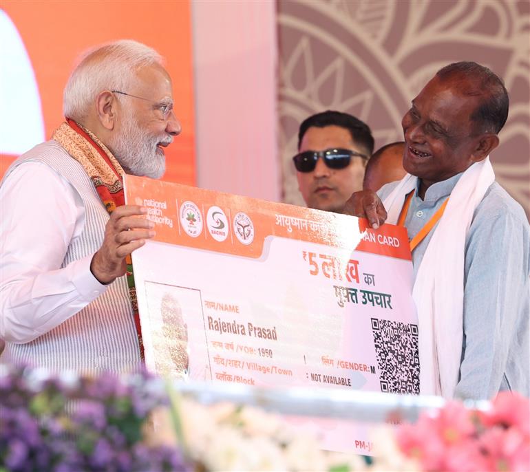 PM at foundation stone laying and inauguration of various projects at Varanasi, in Uttar Pradesh on April 11, 2025.

