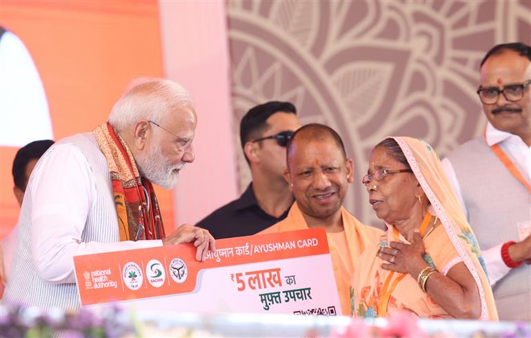 PM at foundation stone laying and inauguration of various projects at Varanasi, in Uttar Pradesh on April 11, 2025.

