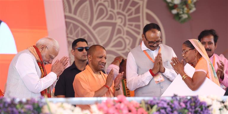 PM at foundation stone laying and inauguration of various projects at Varanasi, in Uttar Pradesh on April 11, 2025.

