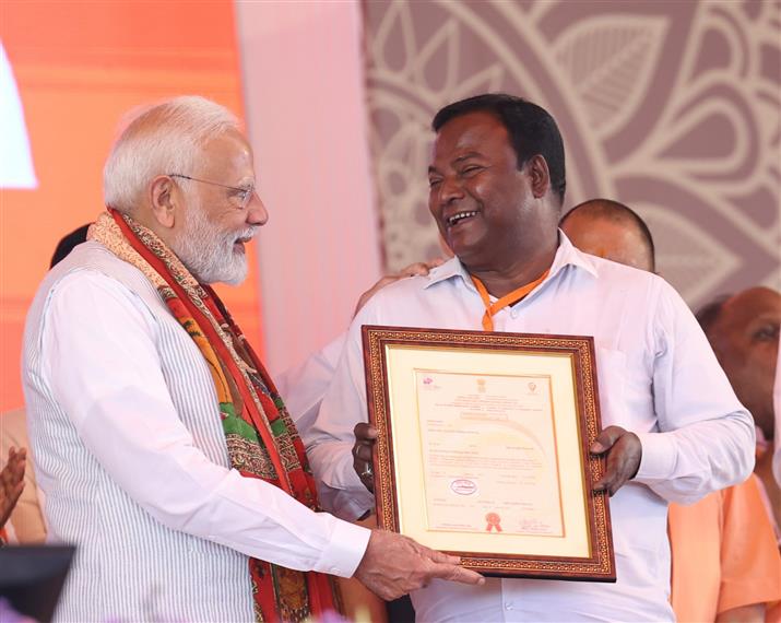 PM at foundation stone laying and inauguration of various projects at Varanasi, in Uttar Pradesh on April 11, 2025.


