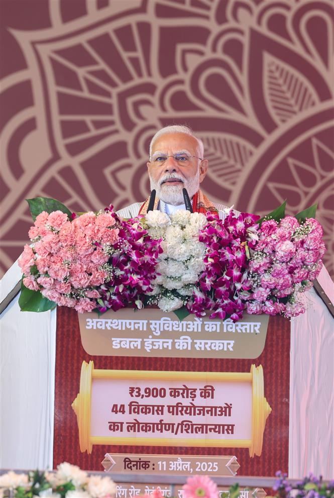 PM addressing at foundation stone laying and inauguration of various projects at Varanasi, in Uttar Pradesh on April 11, 2025.