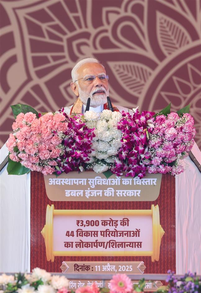 PM addressing at foundation stone laying and inauguration of various projects at Varanasi, in Uttar Pradesh on April 11, 2025.