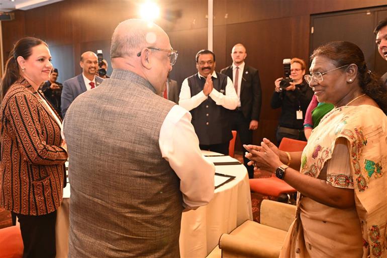 The President of India, Smt. Droupadi Murmu attended an interactive session with the members of Indian Business delegation at Bratislava, in Slovakia on April 11, 2025.