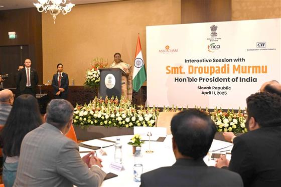 The President of India, Smt. Droupadi Murmu addressing the members of Indian Business delegation at Bratislava, in Slovakia on April 11, 2025.