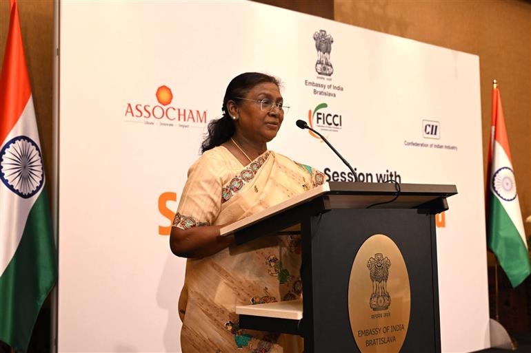 The President of India, Smt. Droupadi Murmu addressing the members of Indian Business delegation at Bratislava, in Slovakia on April 11, 2025.